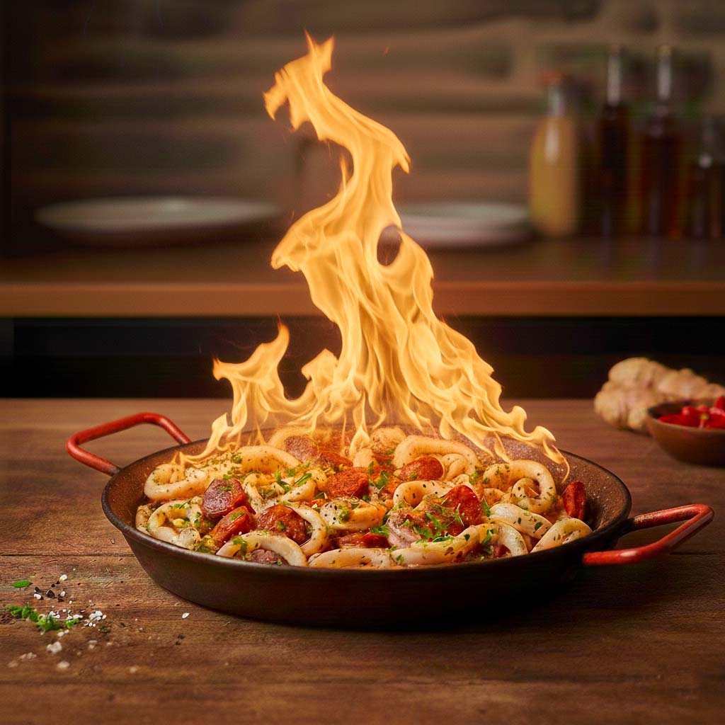 Chipirons & Chistorra Flambés : La Recette Signature au Rhum Quat Bourrut