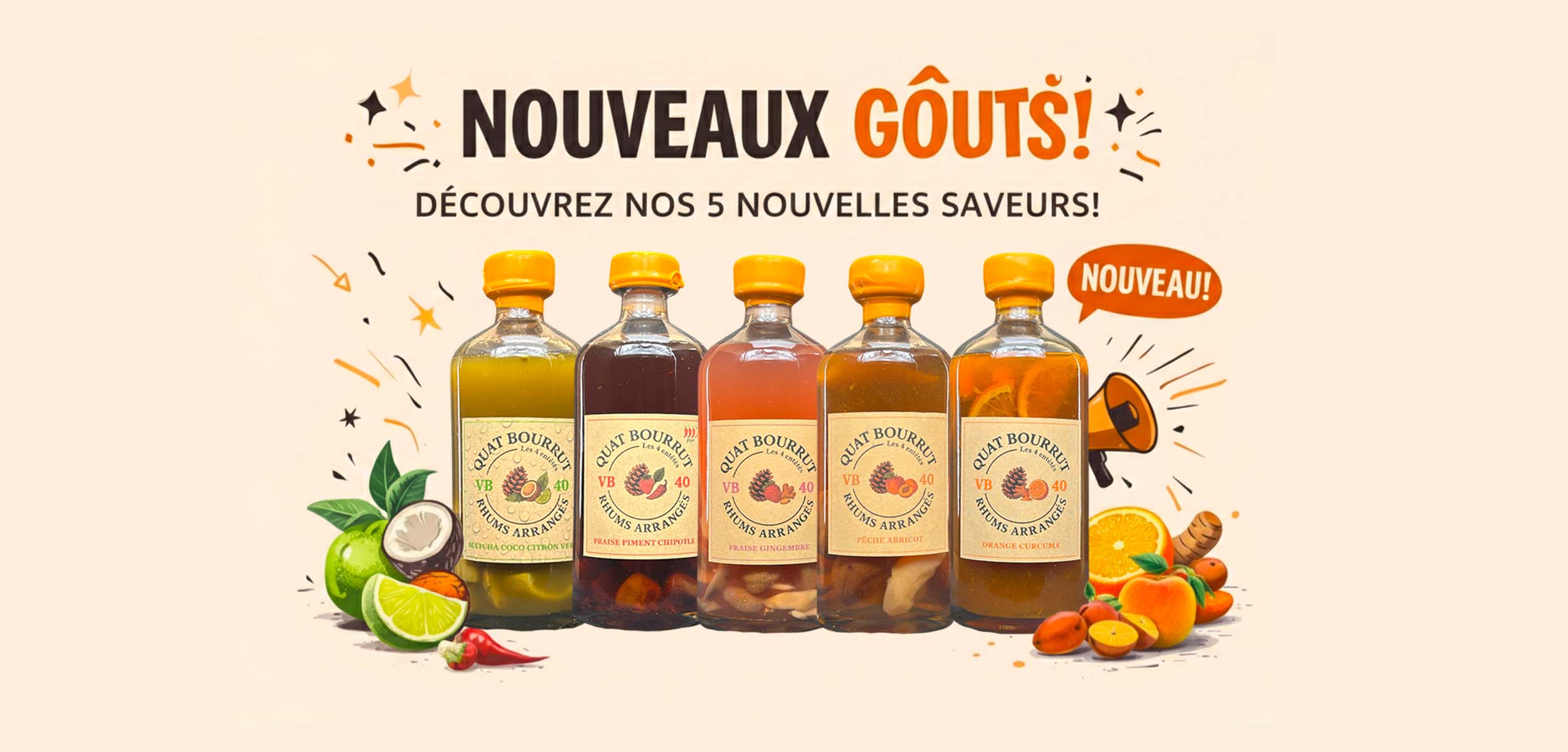 rhum arrange (matcha coco citron vert, fraise piment chipotle, fraise gingembre, pêche abricot, orange curcuma)