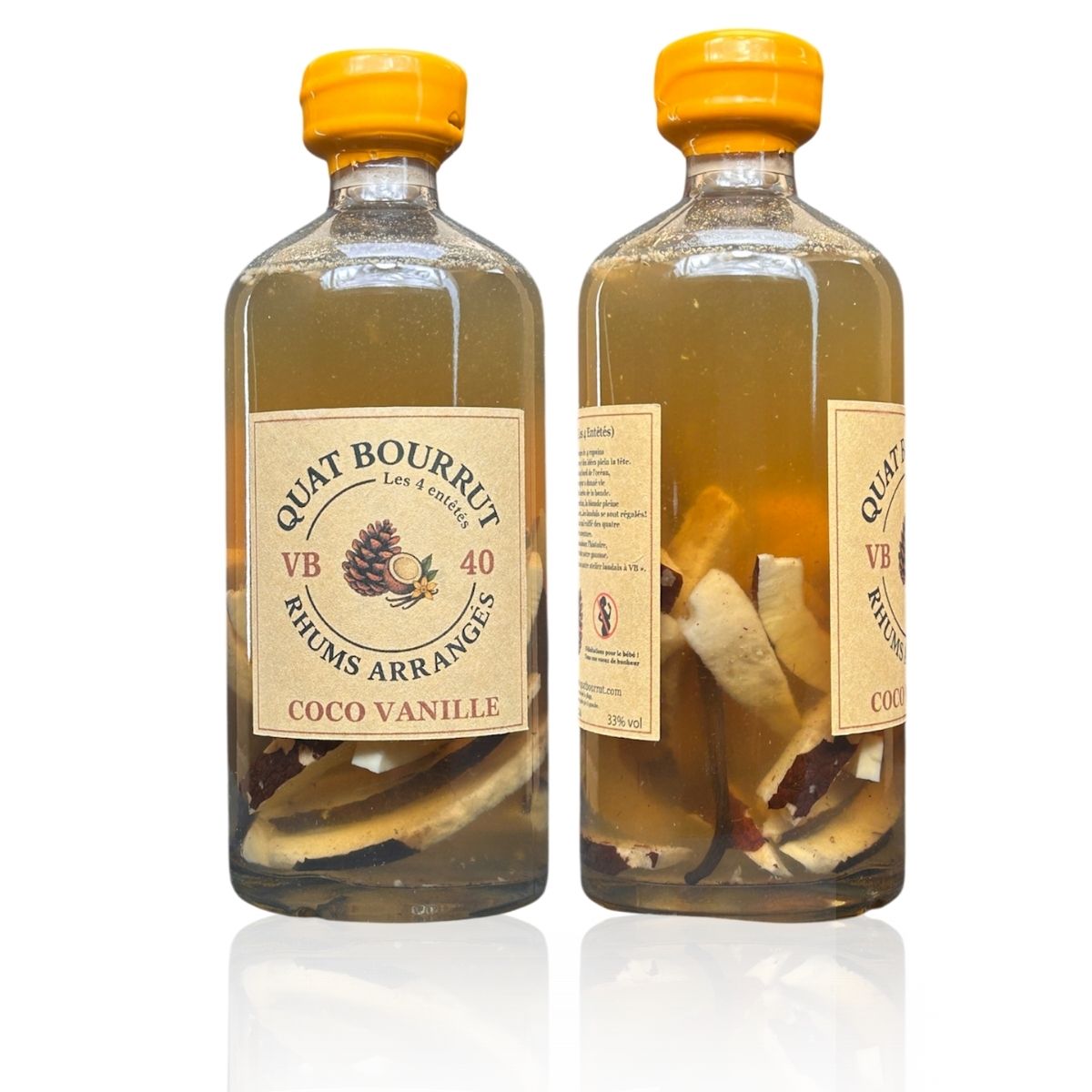 {{Rhum arrangé Noix de Coco Vanille - Douceur tropicale et onctuosité artisanale}} | Rhum Arrangé Quatbourrut..