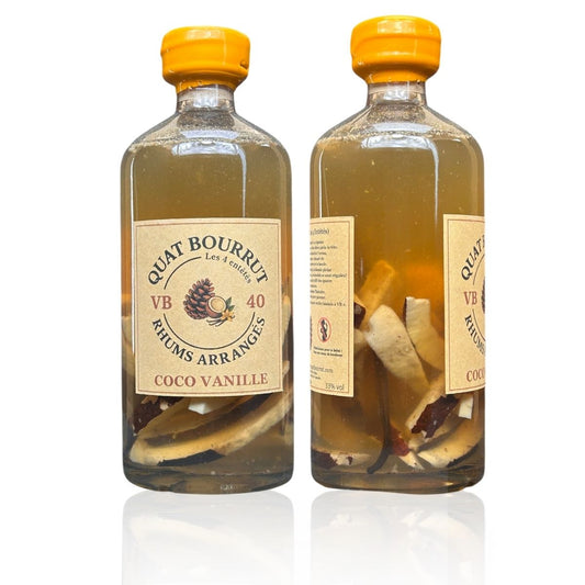 {{Rhum arrangé Noix de Coco Vanille - Douceur tropicale et onctuosité artisanale}} | Rhum Arrangé Quatbourrut..